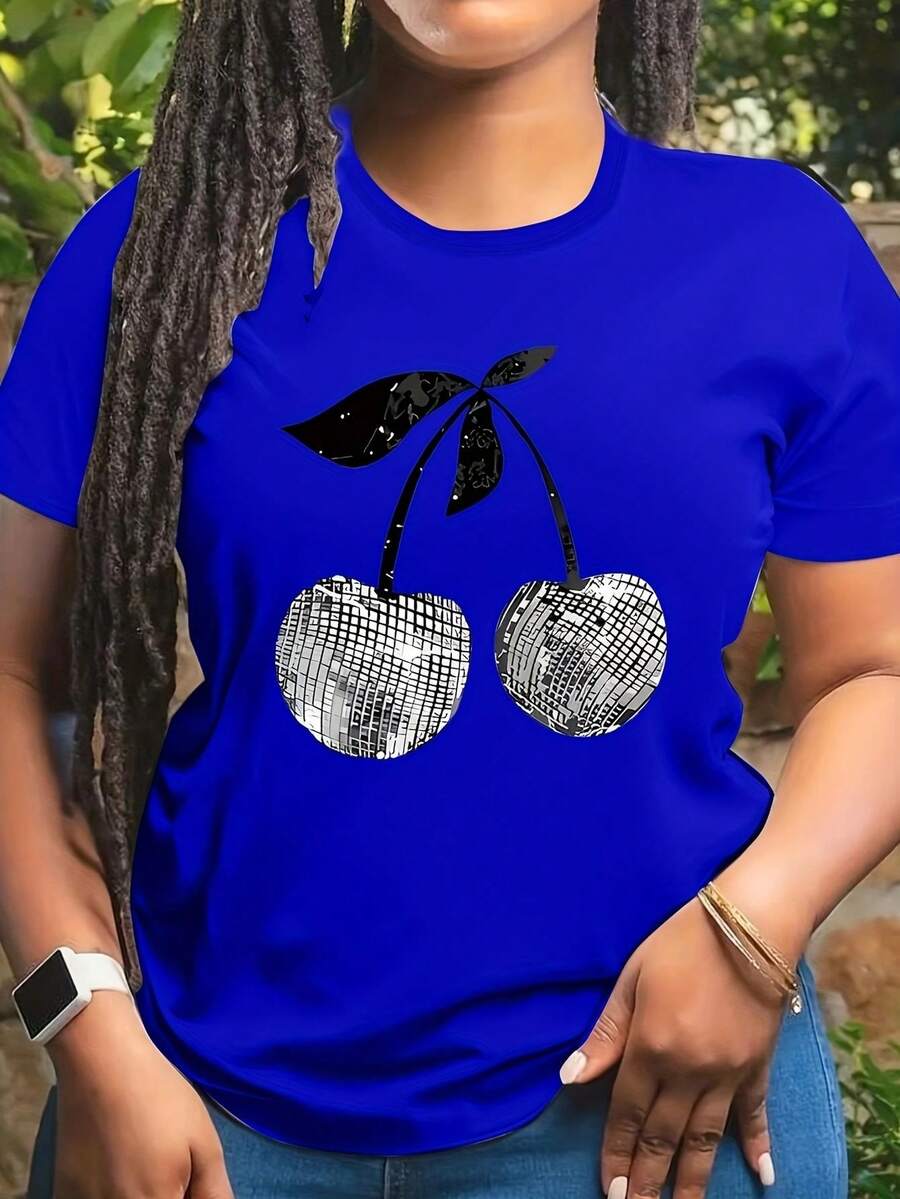 Talla Grande - Talla Grande - Camiseta Gráfica Azul de Talla Grande para Mujer con Estampado de Cerezas y Lazos, Manga Corta, Cuello Redondo, Estilo Casual - Azul - Ver 1