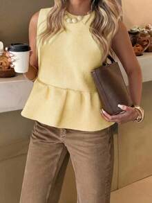 FOR BEAUTY Women's Spring/Summer Solid Color Sleeveless Knit Top, Ruffle Hem, Slim Fit Tummy Control, Casual Commute Date Sweater Pullover - Deep Apricot - View 7