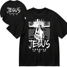 [Graphic T-Shirt] "Sacred Forgiveness" Line: Acid-Wash Effect T-Shirt, Cotton T-Shirt, And Sweatshirt. Features Prints Of "JESUS + FORGIVENESS + Cross In Hand + Crown Of Thorns + Bible Verses"-Bold And True To Faith, Ideal For Street Outings, Everyday Wear, Comfortable And Distinctive. Loose Fit Shirt - 黑色 - 查看 4