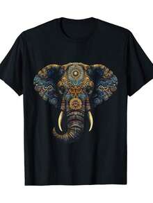 Men's T-Shirt With Elephant And Mandala Print - 100% Cotton, Loose Fit, Short Sleeve, Boho Elephant And Mandala Art, Casual Wear For Beach, Yoga, Festivals And Everyday Use, Breathable Fabric - 黑色 - 查看 1