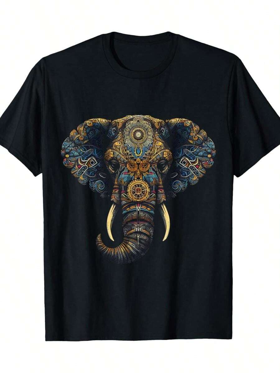 Men's T-Shirt With Elephant And Mandala Print - 100% Cotton, Loose Fit, Short Sleeve, Boho Elephant And Mandala Art, Casual Wear For Beach, Yoga, Festivals And Everyday Use, Breathable Fabric - 黑色 - 查看 1