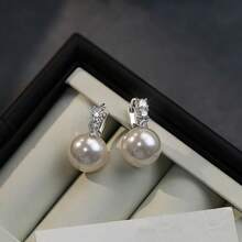 1 paire de boucles d'oreilles créoles pour femmes en argent sterling 925, 4g, avec perle de culture, style élégant à pendentif - Blanc - Voir 2