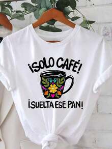 Camiseta con Estampado de Letras "Spanish Coffee Humor Solo Cafe" para Mujer, Primavera-Verano, Manga Corta, Cuello Redondo, Casual, para Uso Diario, Regalo para Vacaciones - Blanco - Ver 6