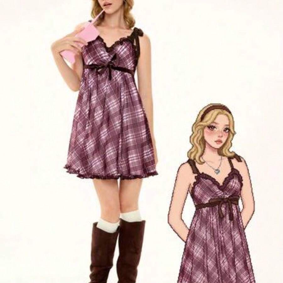 ROMWE Kawaii Spring/Summer Valentine's Day Plaid Ruffle Tie Casual Loose Women Mini Dress - Marrón - Ver 1