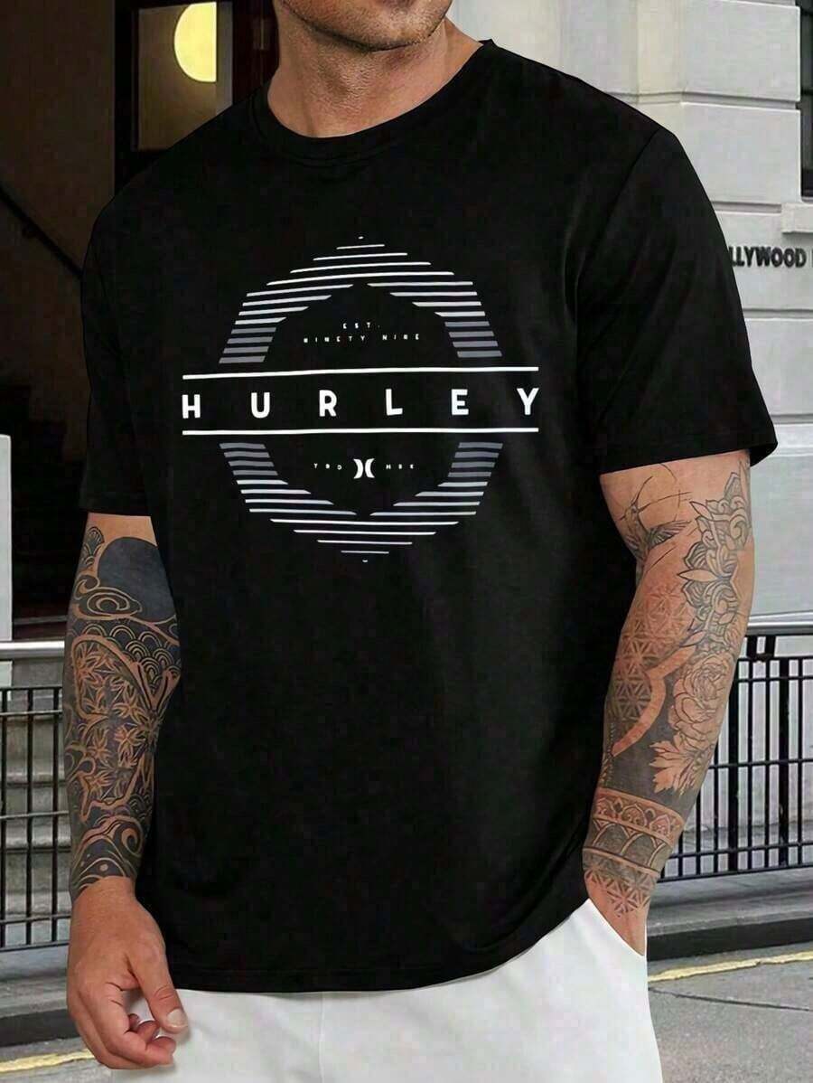 Camiseta para hombre Hurley, manga corta, lavada, negra, con logotipo gráfico, estilo casual de surf y skate, cómoda, mezcla de, a la moda, top de verano.Camiseta holgada, casual y versátil. - Negro - Ver 1