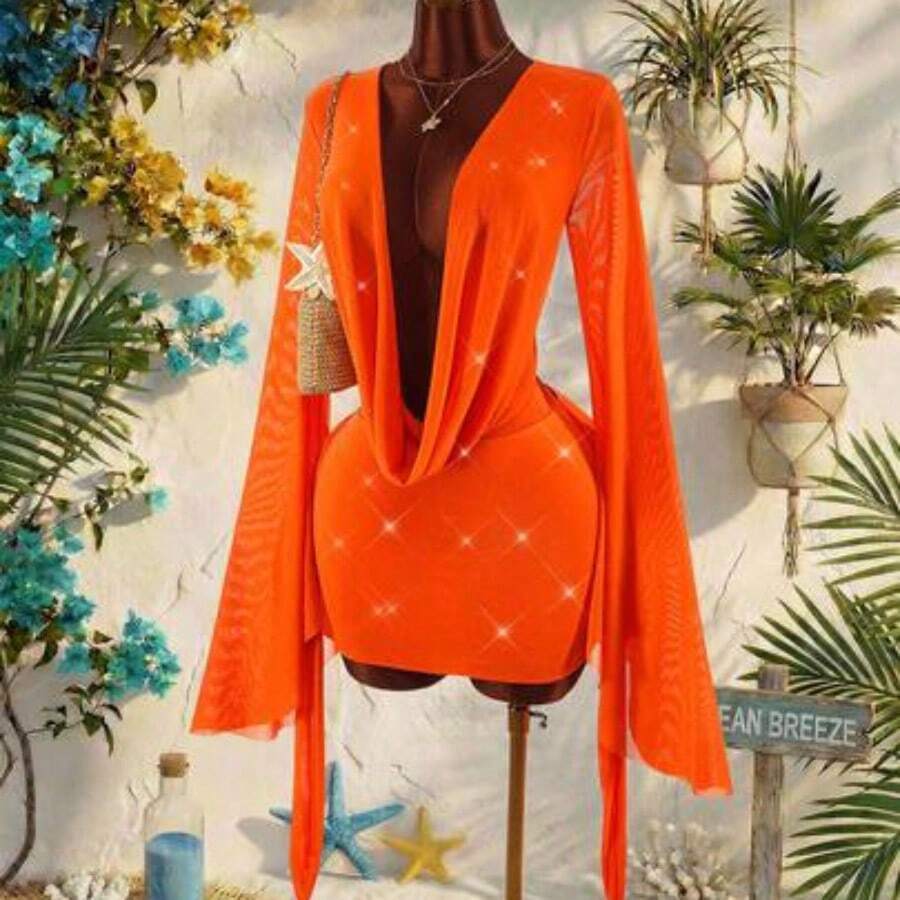 Romantic Vacation Earthy Tone Low-Cut Draping Collar, Flared Sleeves, Bodycon Mini Dress - Naranja - Ver 1
