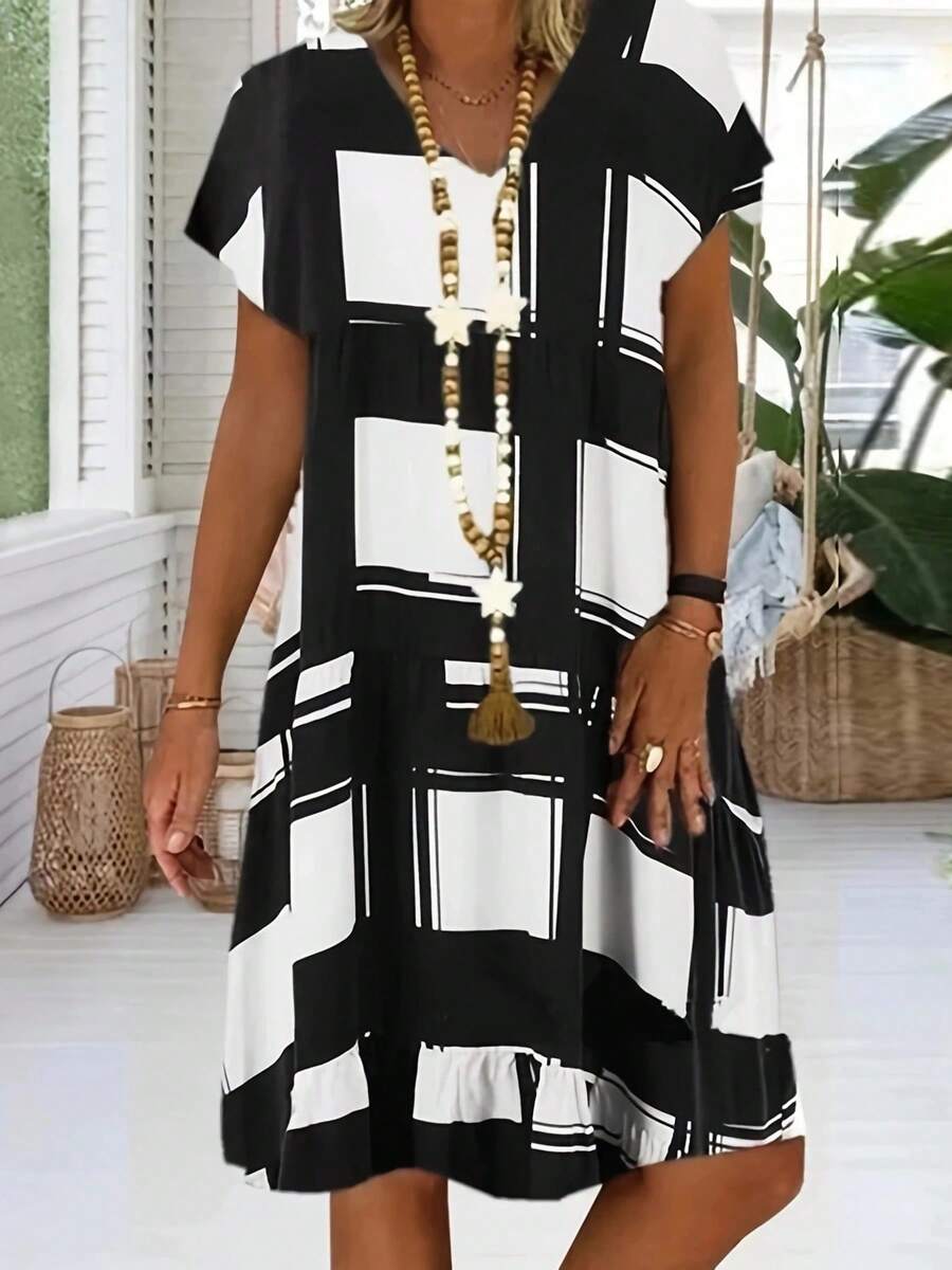Vestido de verano de manga corta con estampado geométrico de moda para mujer - Negro - Ver 1