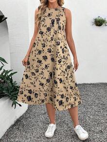 LUNE Vestido midi casual y elegante de cuello redondo, sin mangas, con bajo acampanado y estampado floral retro - Caqui - Ver 3