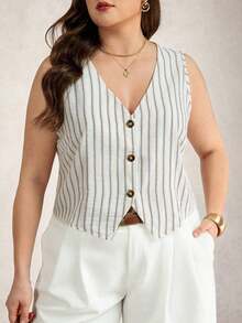 Blusa casual de mujer talla grande de cuello en V de una sola hilera con rayas y sin mangas - Multicolor - Ver 1
