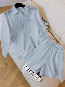 Conjunto de camisa de manga larga a rayas de un solo pecho y pantalones cortos versátiles de estilo vintage casual - Celeste 2 - Ver 6