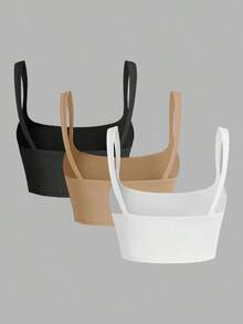 3 piezas Camiseta de tirantes de unicolor y corta para mujeres - Multicolor 8 - Ver 2
