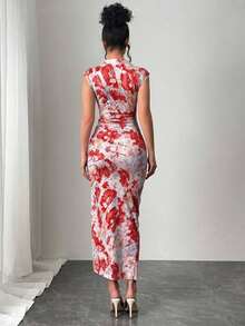 Vestido de verano midi de punto plisado con estampado floral de acuarela y abertura lateral, elegante para vacaciones y uso diario - Rojo - Ver 2