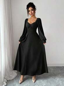YHHElenzga Vestido maxi elegante de mujer con cuello cuadrado, mangas abultadas y cintura, adecuado para el uso diarioYHH - Negro - Ver 4