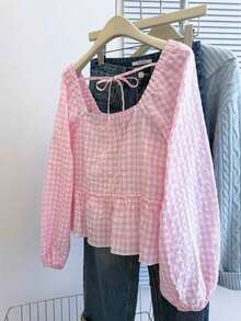 Blusa con volantes en el bajo, nueva llegada de otoño para mujer - Rosa Pálido - Ver 2