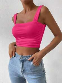 Femesol Top de cami corto fruncido de un solo color,top básico - Rosa Fucsia - Ver 4