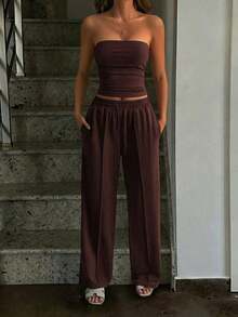 Conjunto de 2 piezas de ropa de otoño Vaiaye: Top corto ajustado y sexy sin tirantes, camiseta básica de unicolor elástica y ajustada, top tipo bandeau para yoga; Conjunto de pantalones para primavera/verano - Marrón - Ver 7