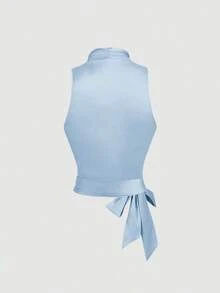 Parte superior de tirantes sin mangas con nudo en la espalda y diseño cruzado en azul claro vintage para mujer - Celeste - Ver 2