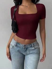 Top corto ajustado de mujer con cuello convertible de punto de unicolor - Burdeos - Ver 4
