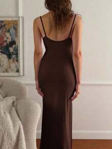 Vestido largo casual ajustado de color rosa sólido con tirantes finos para mujer - Cafetería - Ver 3