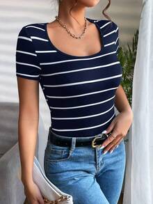 Camiseta de rayas de cuello scoop - Azul marino - Ver 4