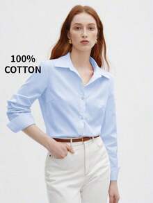 de mujer de manga larga con cuello vuelto, estilo urbano básico para ir al trabajo, conjunto de negocios casual elegante y minimalista, adecuado para maestras y oficina, otoño - Azul - Ver 1