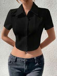 Camisa de mujer de verano con botones y tejido - Negro - Ver 3
