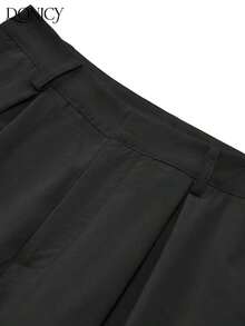 Pantalones rectos plisados de cintura alta, de unicolor, para mujer, suaves y cómodos, versátiles, elegantes y casuales urbanos, adecuados para uso diario casual, citas, fiestas, San Valentín, carnaval y oficina - Negro 2 - Ver 3