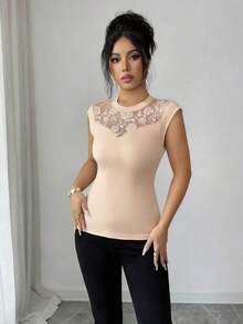de mujer con cuello redondo, elegante, con parches de encaje, adecuada para uso diario, otoño/invierno y primavera/verano - Albaricoque - Ver 3