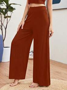 Pantalones casuales de mujer de cintura alta, sueltos, de unicolor y de pierna ancha - Óxido marrón - Ver 4