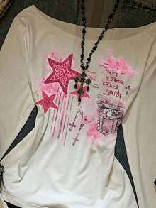 Camiseta de manga larga con volantes asimétricos en el hombro y estampado de estrella retro y graffiti en estilo casual y callejero para mujer, suéter sexy de hombros descubiertos adecuado para otoño/invierno, vuelta al colegio, estilo retro, - Multicolor 5 - Ver 4