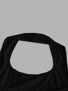 Camiseta de tirantes de ajuste ceñido con cuello halter, color liso y corta, de estilo minimalista y casual para mujer, de verano - Negro 2 - Ver 3