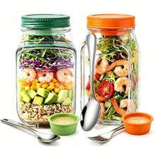 2 Stücke tragbare Salatschüssel Set, inklusive 75ml Soßenbehälter, 304 Edelstahl Salatbesteck und auslaufsichere Salatdose mit seitlichen Öffnungen und Portionsanzeige, geeignet für Büro, Fitness und Reisen (Grün) - Verschiedenfarbig - Übersicht 12