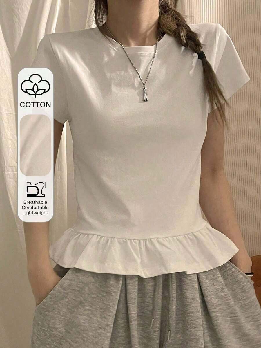 Camiseta de manga larga de corte holgado con volantes en el bajo, a rayas blancas y negras, diseño minimalista de verano para mujer - Blanco - Ver 1