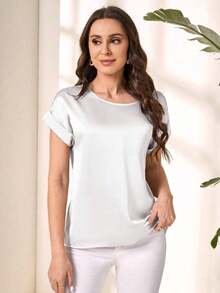 Blusa suelta elegante de verano para mujer con cuello redondo, mangas cortas tipo murciélago y unicolor - Blusas de manga corta - Blanco - Ver 6