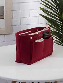 1 pieza Bolsa de maquillaje de fieltro con múltiples compartimentos y gran capacidad, puede almacenar cosméticos, llaves, teléfonos, lápices labiales, accesorio de viaje portátil y de moda - Multicolor - Ver 4