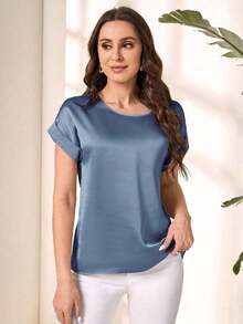 Blusa suelta elegante de verano para mujer con cuello redondo, mangas cortas tipo murciélago y unicolor - Blusas de manga corta - Niebla azul - Ver 3
