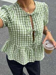 Camisa de mujer de cuello redondo y manga corta, camisa con estampado de cebra con lazo y manga abullonada, blusa de mujer de verano con volantes en el bajo y cuello en V de ajuste regular con manga abullonada, uso casual diario, blusa casual d - Verde - Ver 3