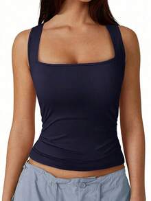 Camiseta de tirantes de unicolor negro como capa base de ropa casual de mujer para el verano y otoño - Azul marino - Ver 6