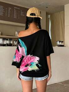 Camiseta suelta de mujer con estampado floral y hombros descubiertos, manga 3/4 - Negro 2 - Ver 2
