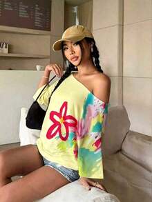 Camiseta suelta de mujer con estampado floral y hombros descubiertos, manga 3/4 - Blanco 3 - Ver 3