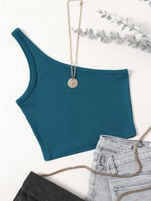 Blusa asimétrica de hombro casual de unicolor para mujer - Niebla azul - Ver 1