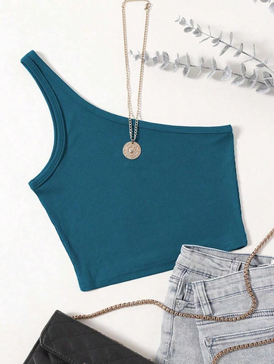 Blusa asimétrica de hombro casual de unicolor para mujer - Niebla azul - Ver 1