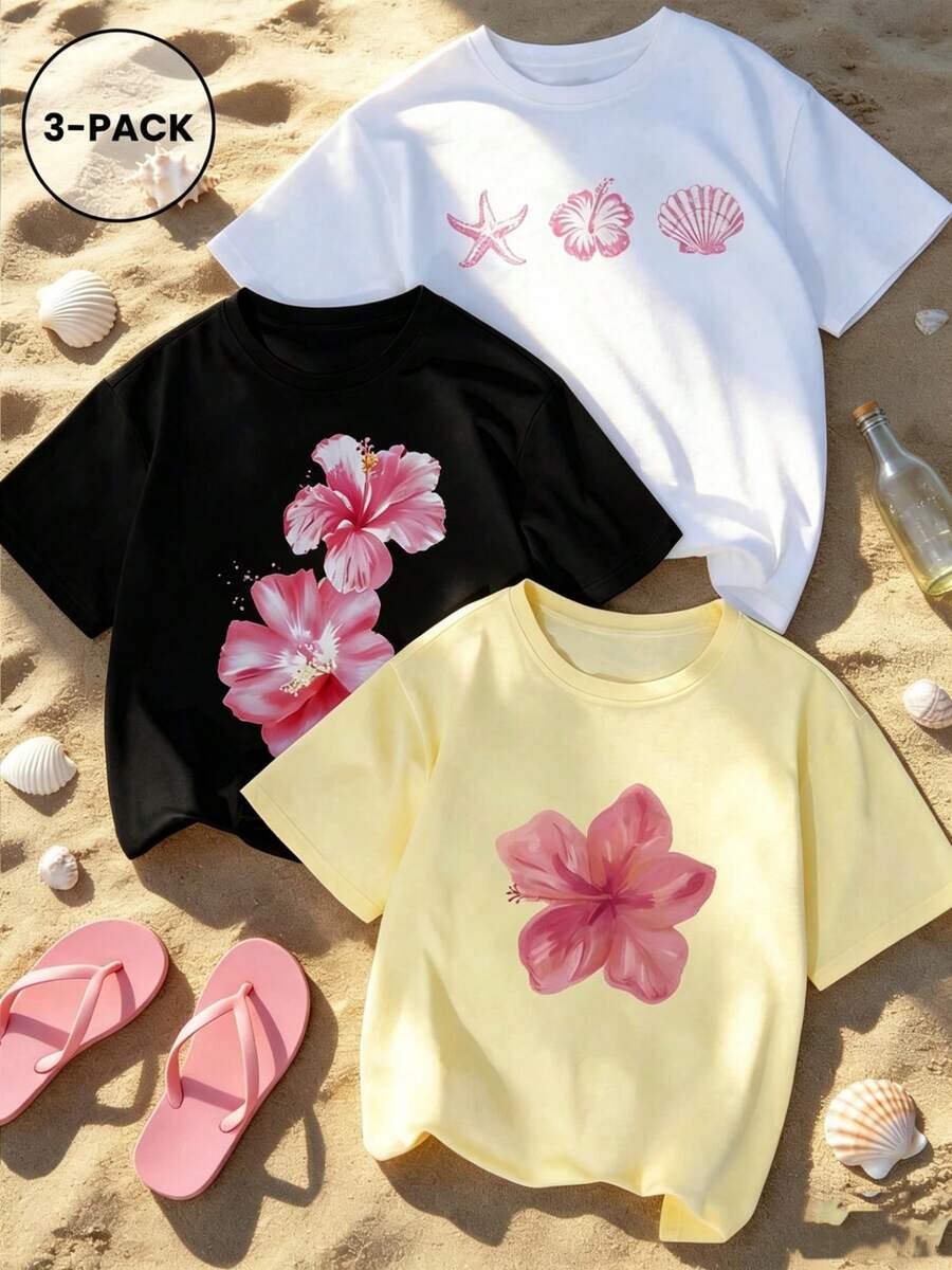 Prenda individual, no un conjunto de 3 piezas, 1 piezas/set de camisetas de manga suitable for streetwear, Top oversized cuello redondo daily outings, camping, concerts, hip-hop, rock, and rap eventscamisetas de manga corta de ajuste ceñido con cuello redondo, estampado floral y de conchas, de estilo minimalista y de moda para el verano, versátiles para uso casual para mujeres - Blanco - Ver 1