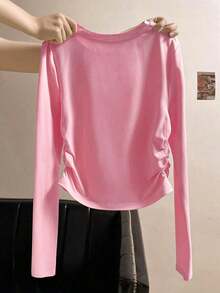 Camiseta casual de manga larga, cuello redondo, con estampado de lazo, color negro para mujer - Rosa - Ver 2