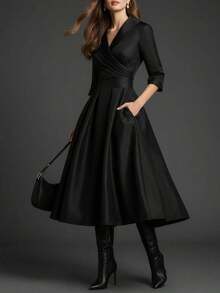 elegante y de moda francés al estilo europeo y americano, vestido formal de cintura ceñida de estilo minimalista, vacacional y casual japonés y coreano, vestido de dama elegante y sexy de escote profundo en V y ajustado al Body para otoño/invierno - Negro - Ver 7