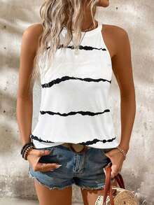 Top sin mangas de verano casual con estampado de rayas y cuello halter para mujer - Blanco - Ver 7