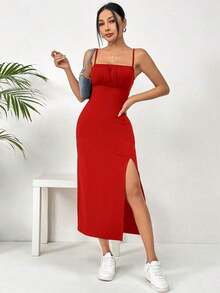 Vestido midi de leopardo con abertura lateral y tirantes - Rojo - Ver 7