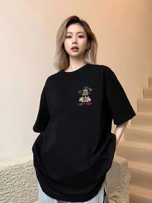 Plus Size, Special For Japan And Korea: Women's Plus Size Short Sleeve T-Shirt, New Spring/Summer Style, Korean Style Loose Fit, Solid Color, Versatile And Simple Top, Fashionable And Everyday Women's Top, Solid Color T-Shirt For Women - 黑色 - 查看 3