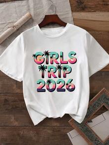 Women's Travel Theme T-Shirt 2026 | Palm Tree Print Decoration, Casual Short Sleeve T-Shirt, Colorful And Lively For Holidays And Trips With Friends, Spring/Summer Season - 白色 - 查看 6