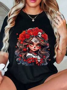 Camiseta mujer mexicana, Catrina con rosas rojas, patrón creativo, casual, 2025, manga corta redonda, algodón transpirable Mujer estilo casual estampado Calavera y flores ajuste holgado cuello redondo manga corta primavera verano uso diario camiseta 100% algodón, estilo Y2K Bababask - Negro - Ver 1